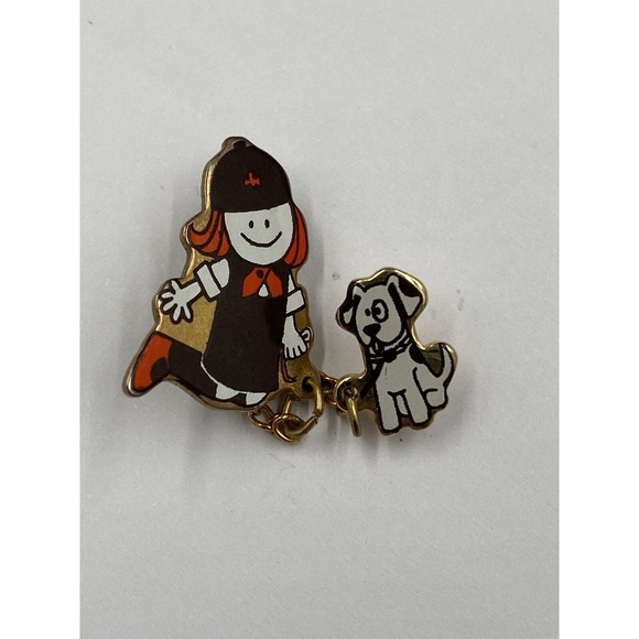 Vintage Red Hair Little Girl & Dog on Chain Collectible Dangle Lapel Pin Brooch - Picture 2 of 6